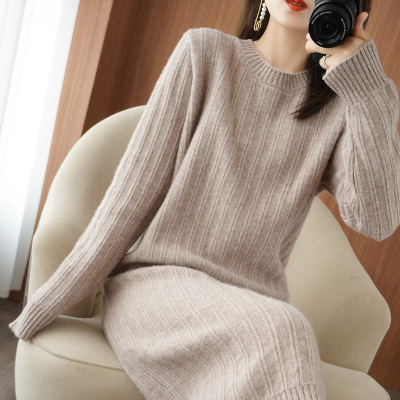 Mid-length Women's Round Neck Autumn And Winter Dress Over The Knee Thick Knitted