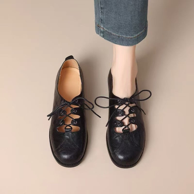 Retro Hollow Leather Shoes Women's Low-cut Lace-up British Style