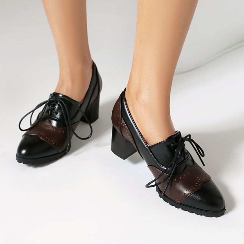 Matching Round Toe High Heel Front Lace-up Burning Flower Pumps