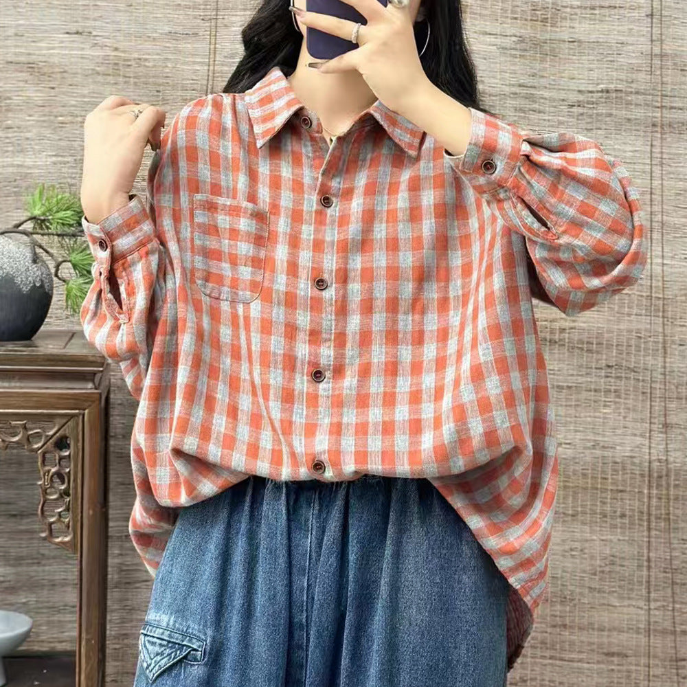 Artistic Cotton Yarn Small Plaid Shirt Women's Long Sleeve