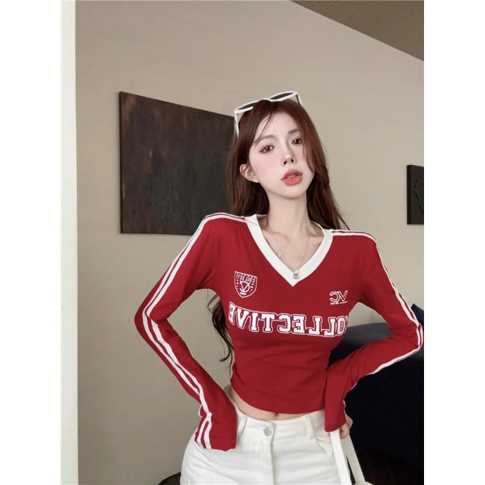 Women's Threaded Cotton V-neck Letter Printed Bottoming Shirt