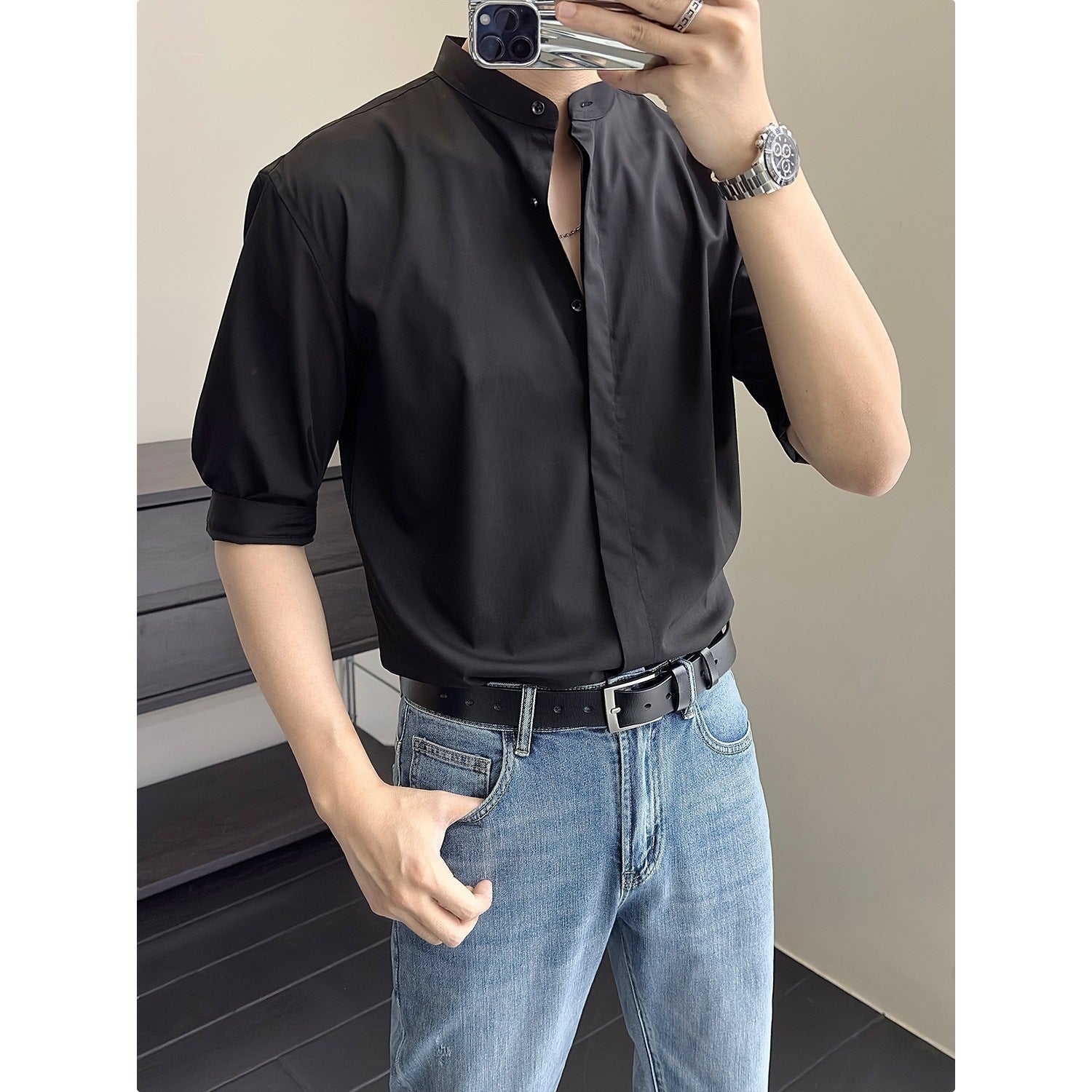 Chinese Men's Shirt Summer Stand Collar Shirt Half Sleeve Shirt Men