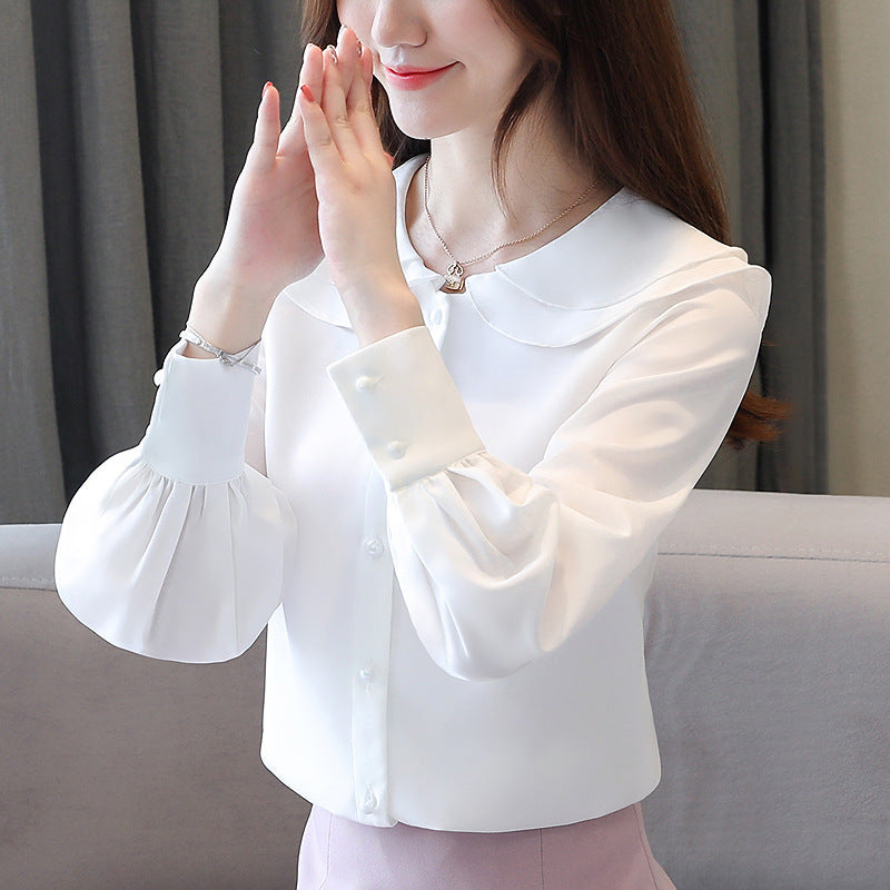 Doll Collar Solid Color Long-sleeved Chiffon Shirt