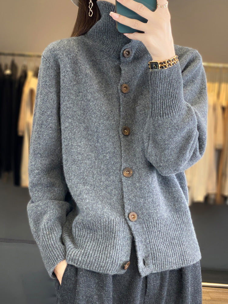 Turtleneck Solid Color Full Wool Loose Slimming Women's Cardigan Sweater
