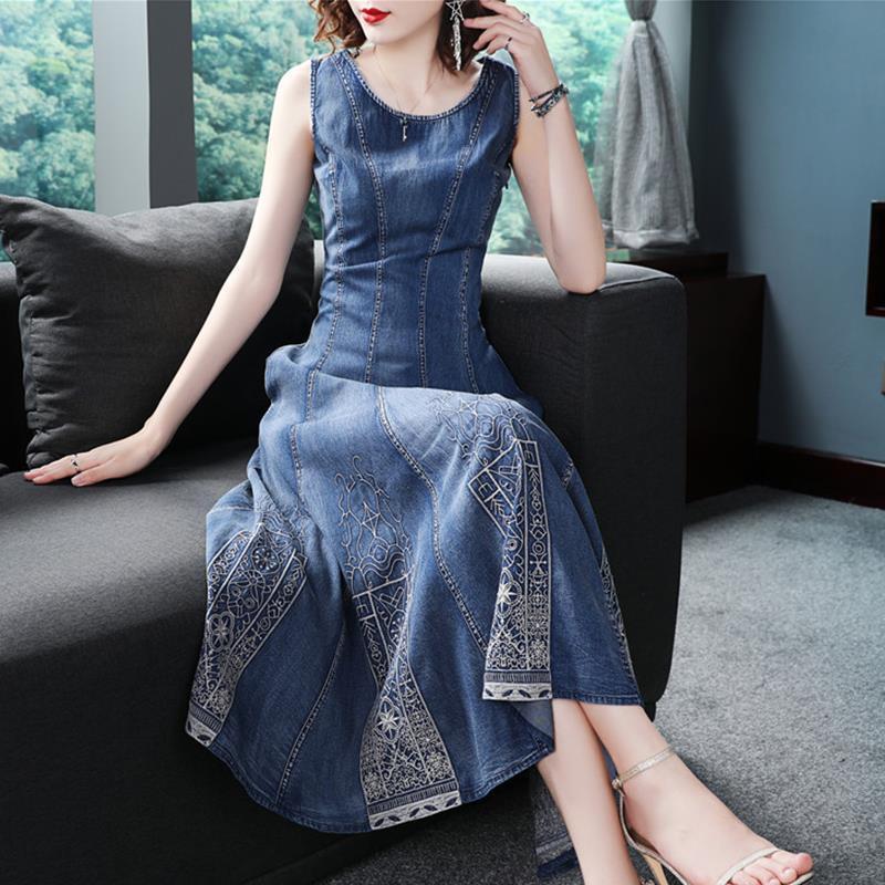 Summer Denim Dress Sleeveless Thin Embroidery