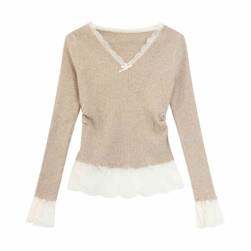 Fake Two Pieces V-neck Stitching Lace Lace Knitwear