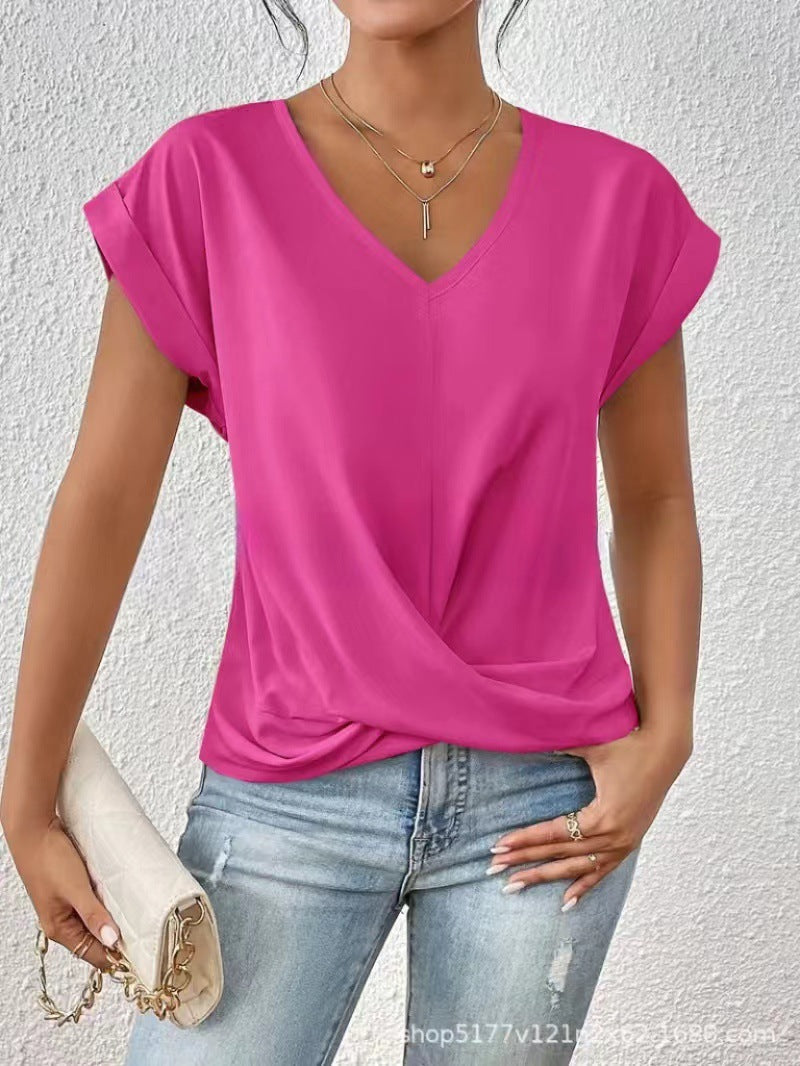 Solid Color V-neck T-shirt Elegant Short Sleeved Top For Spring And Summer Women's Clothing