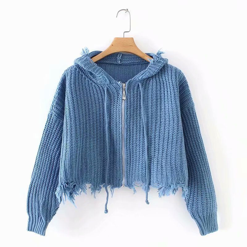 European And American Hooded Tassel Zipper Sweaters Coat