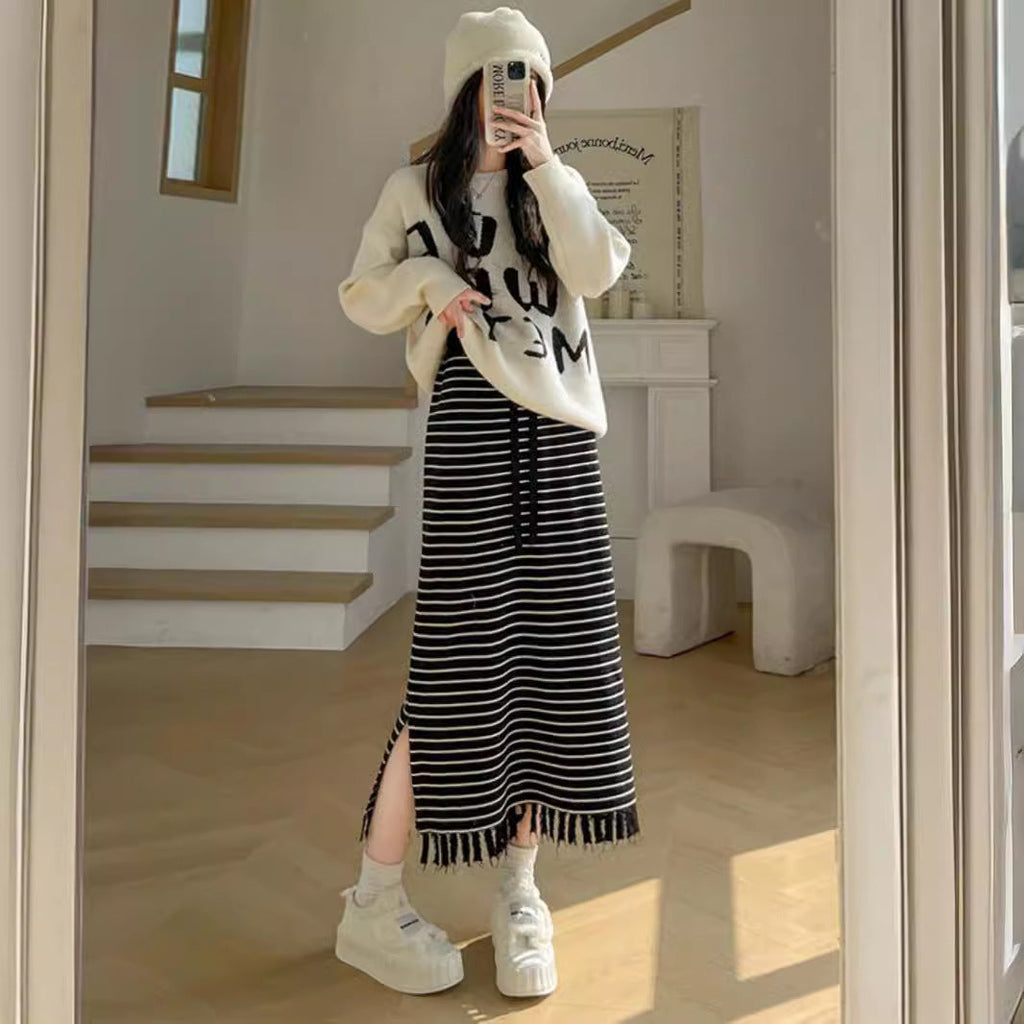 Striped Knitted Skirt High Waist Slimming