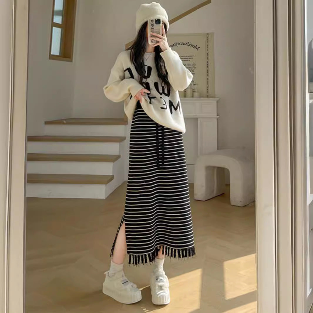 Striped Knitted Skirt High Waist Slimming