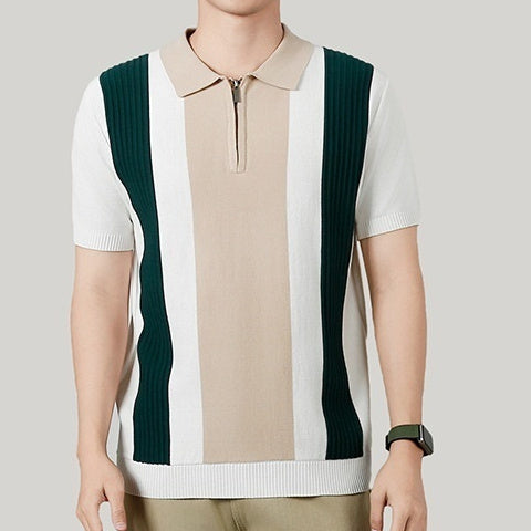 Men's Summer Contrast Color Striped Stitching Advanced Knitted T-shirt