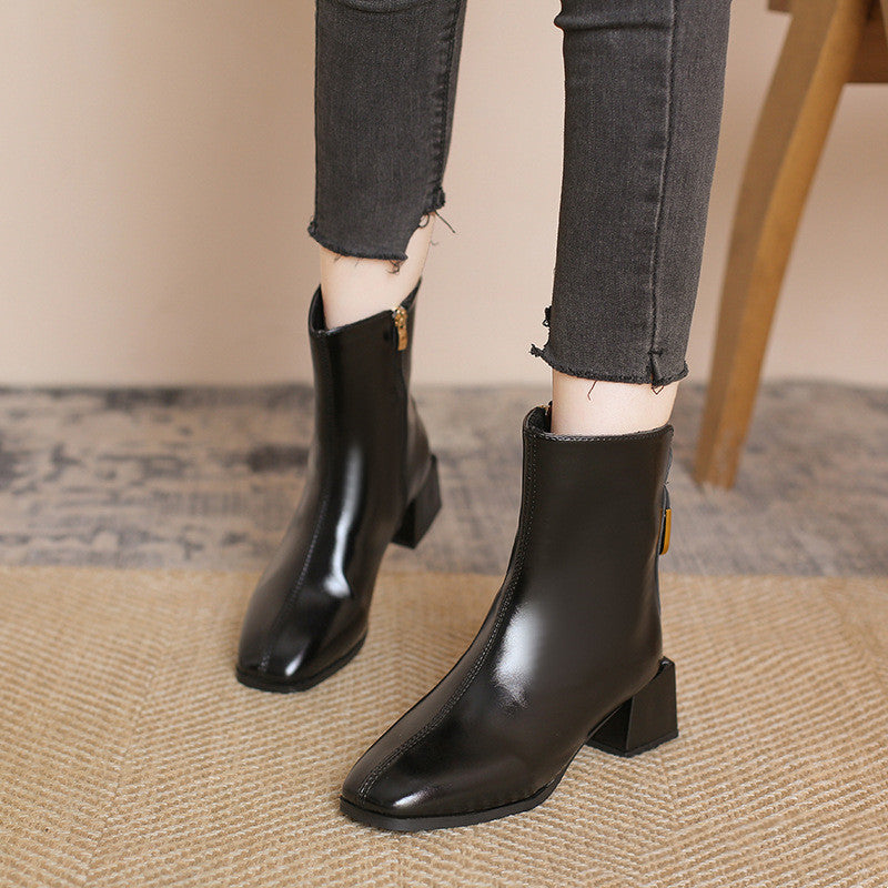 Temperament Female Martin Boots With Thick And Square Toe Heel