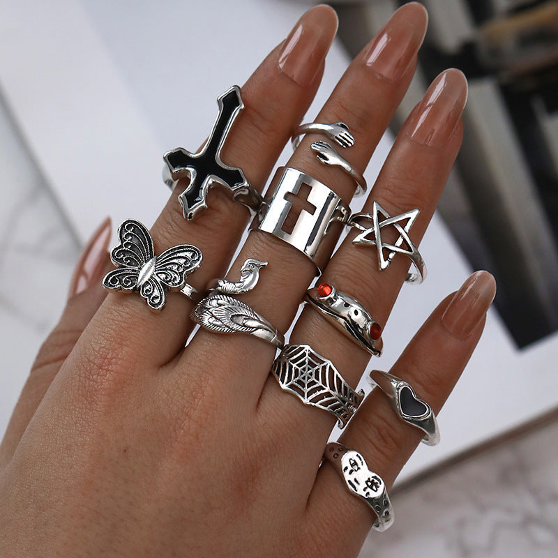Exaggerated Oil Cross Personality Ring 10 Piece Set