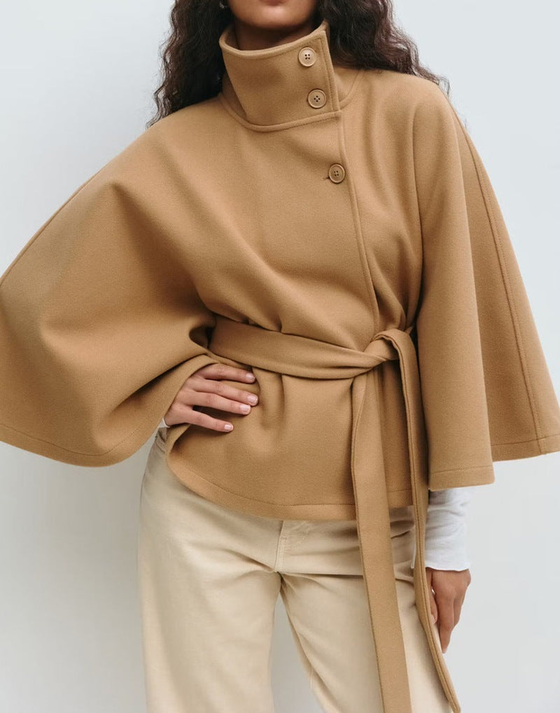 Women's Autumn And Winter New Solid Color Cloak Stand Collar Button Belt Trench Coat