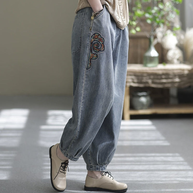 Vintage Jeans Women's Loose Plus Size Pocket Printed