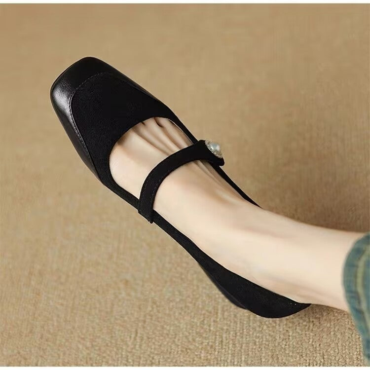 Women's Chunky Heel Suede Flat Low-cut Shoes