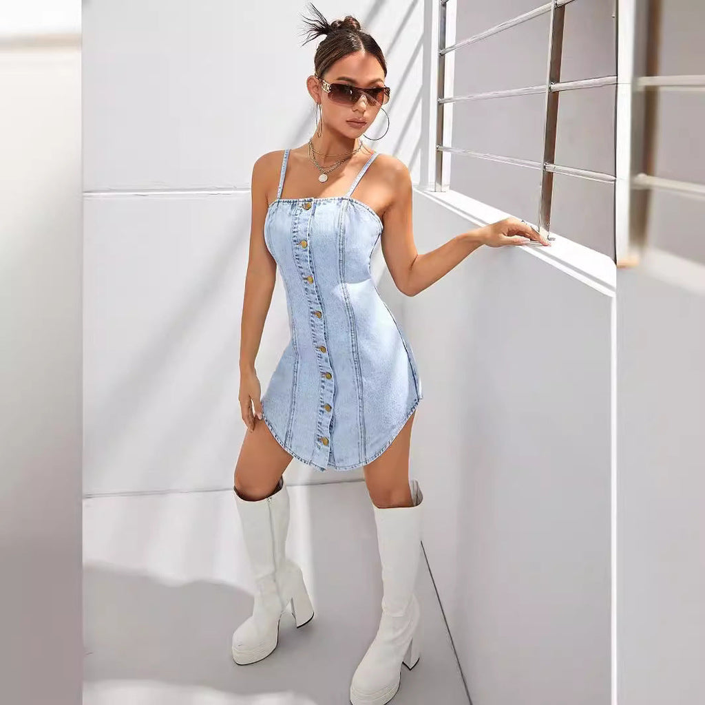 Women's Volleyball Ornament Slim Strap Denim Dress