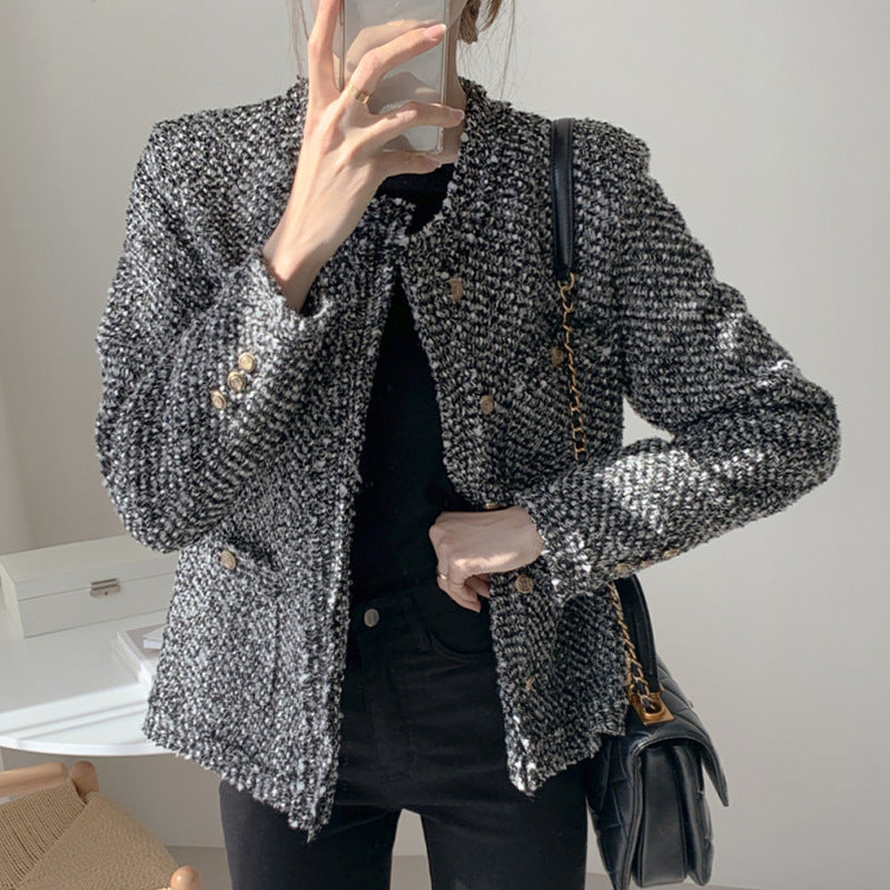 French Temperament Round Neck Multi-pocket Fringed Tweed Short Coat