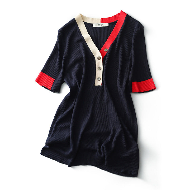 Solid Color And V-neck T-shirt Women's Ice Silk Sweater Sweater Loose Short Sleeve