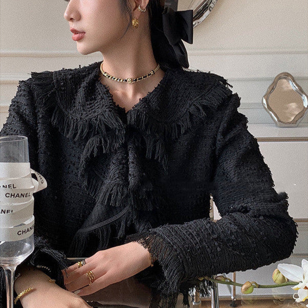 Women's Frayed Ruffle Collar Short Tweed Coat
