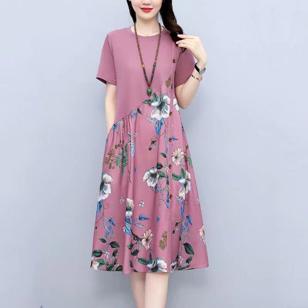 Retro Printed Fat Slim Fit Slimming Loose Casual Patchwork Dress