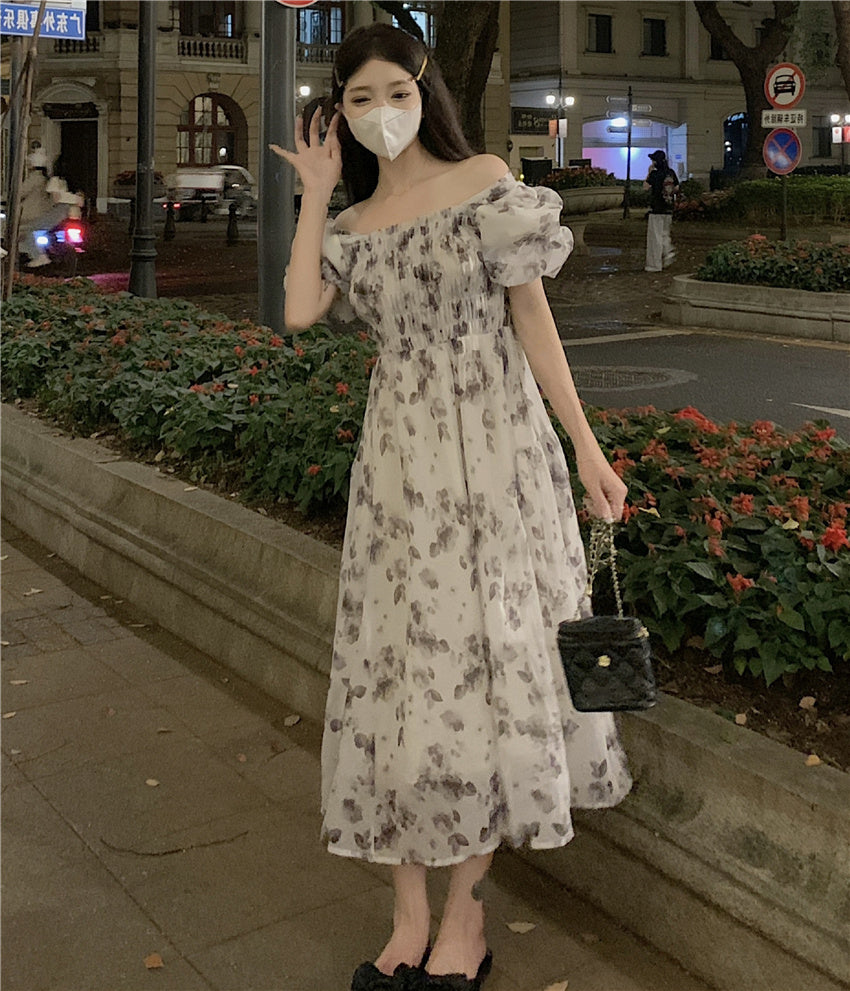 Square Neck Mid Length Pleated Waistband Skirt