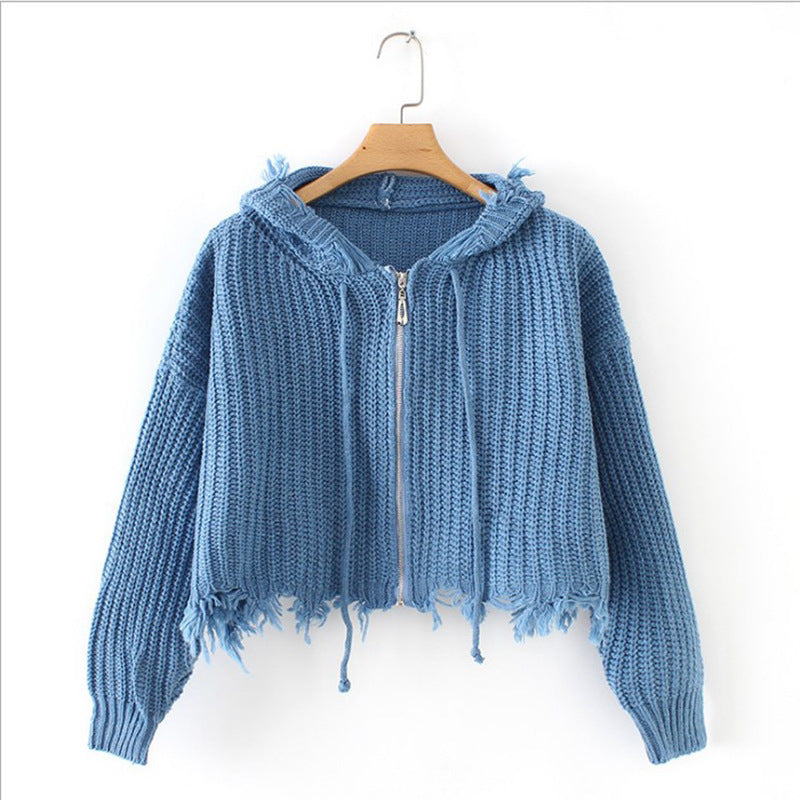 European And American Hooded Tassel Zipper Sweaters Coat