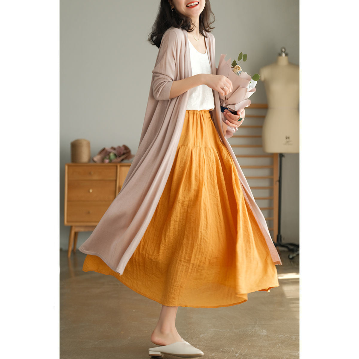 Pure Color Elastic Waist Cotton Ramie Body Pleated Long Skirt Summer Big Swing Skirt