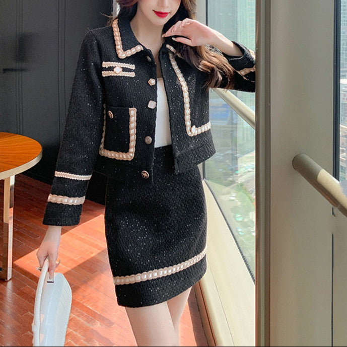New Tweed Tall And Thin Short Sequined Jacket And Skirt