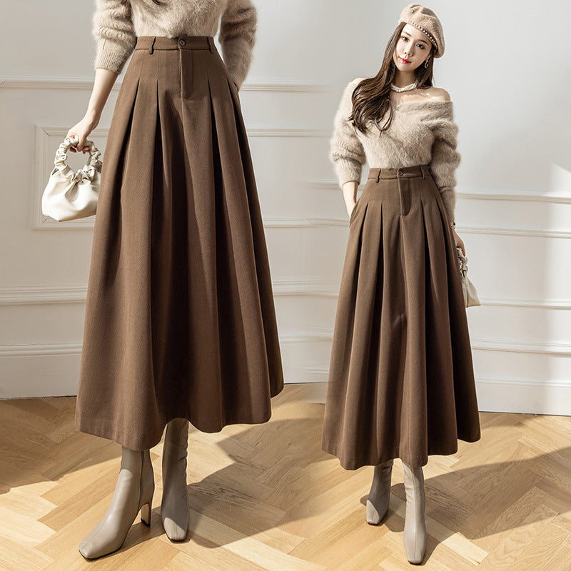 Women's Fashion High Waist Korean Style Woolen Large Swing Skirt