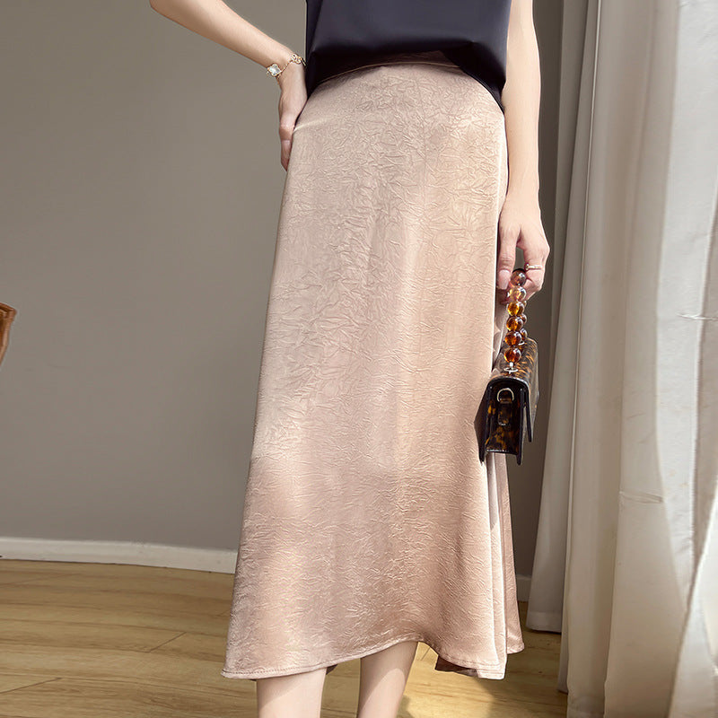 Water Ripple Skirt Silk Texture Mid-length High Waist Solid Color Skirt