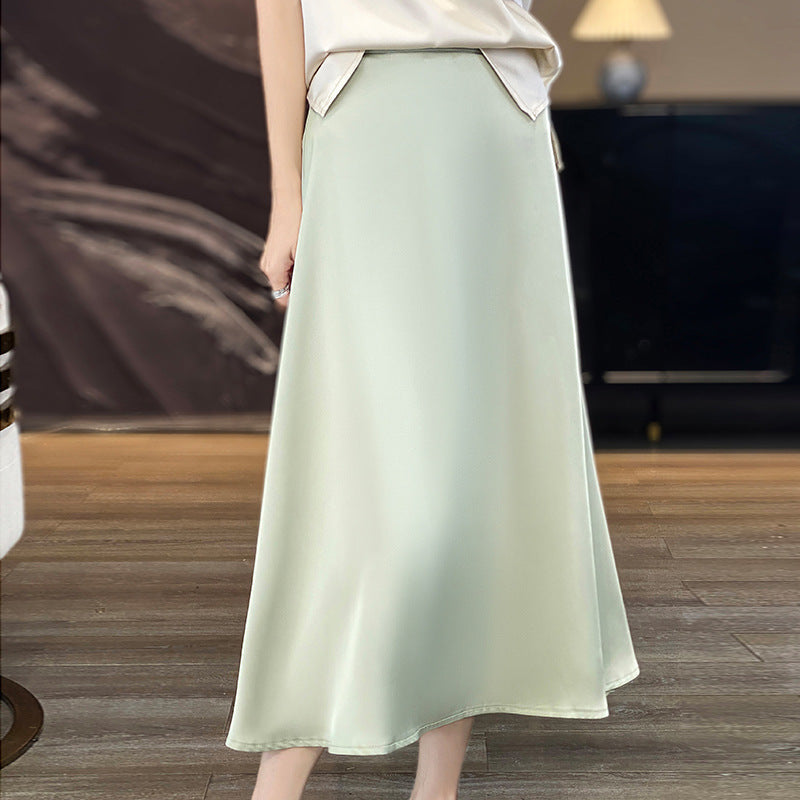 Water Ripple Skirt Silk Texture Mid-length High Waist Solid Color Skirt