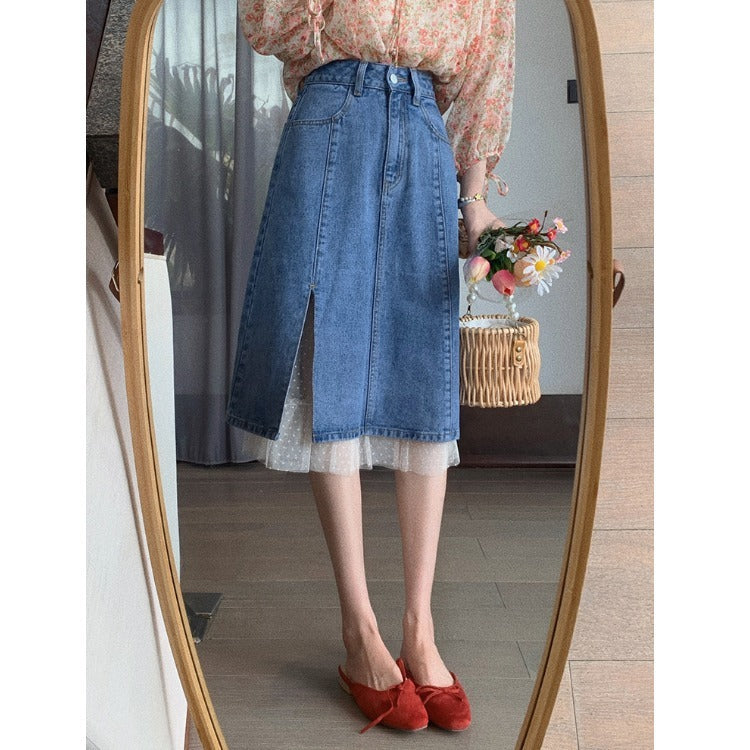 Mid-length Slit Design Niche Mesh Stitching Skirt