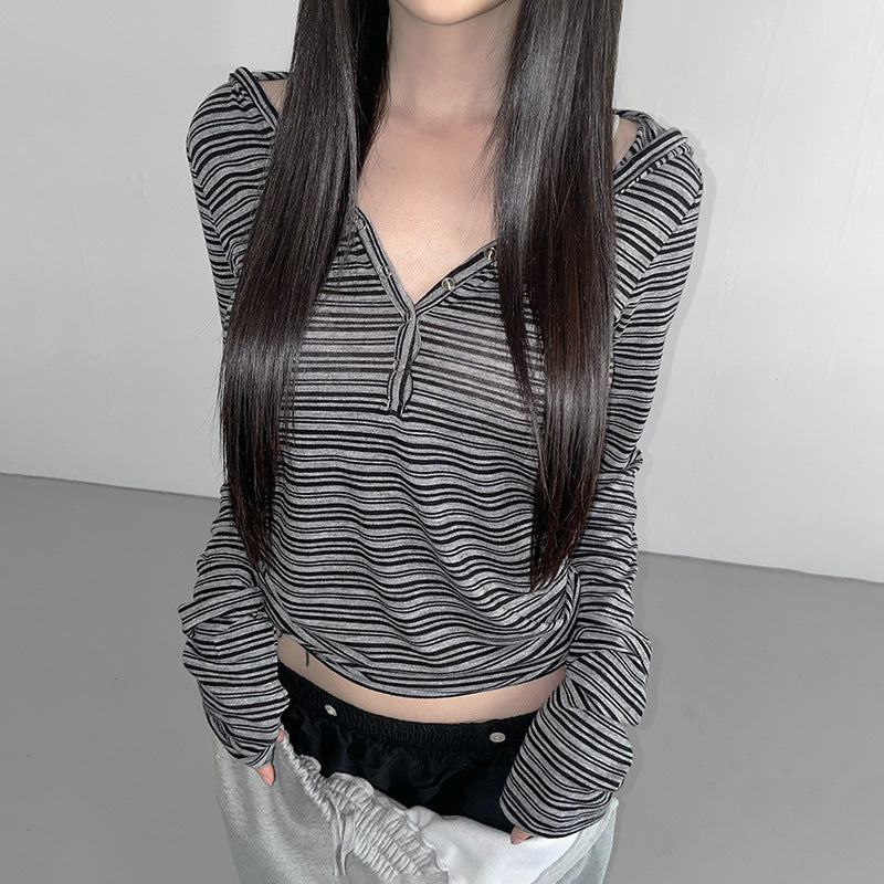 European And American Retro Stripes Contrast Color Hooded Breasted Long Sleeve