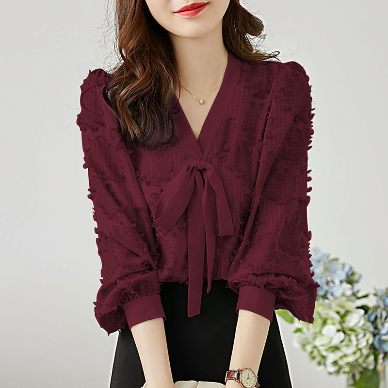 Lantern Sleeve Chiffon Shirt Women's Bowknot Loose Slimming Blouse