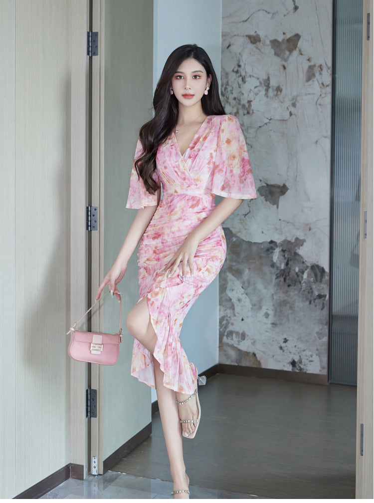 Women's Fall Slim Fit V-neck Irregular Dress