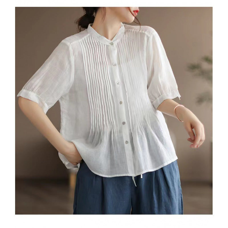 Middle-aged Artistic Retro Women's Cotton And Linen Short-sleeved Shirt