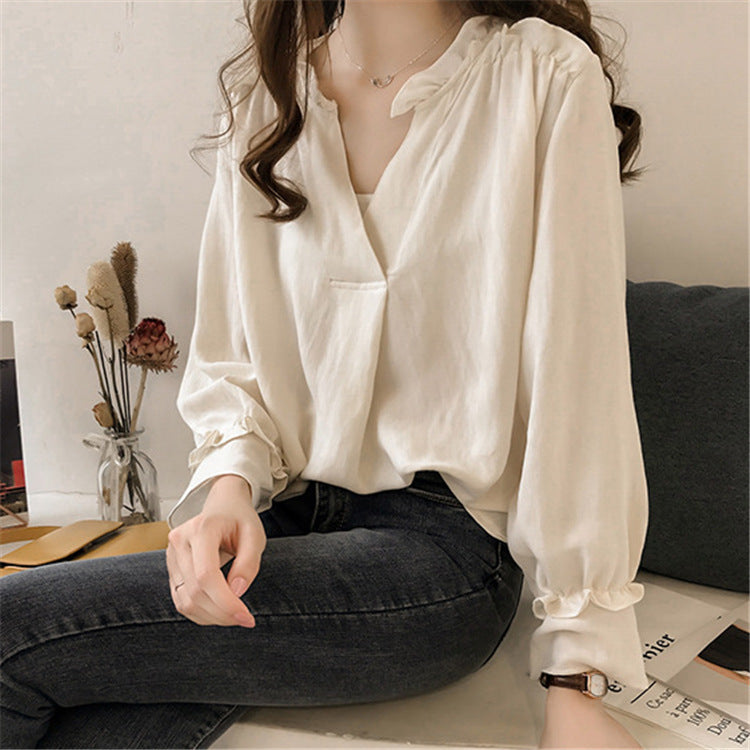 Women's Ruffled V-Neck Long Sleeve Shirt