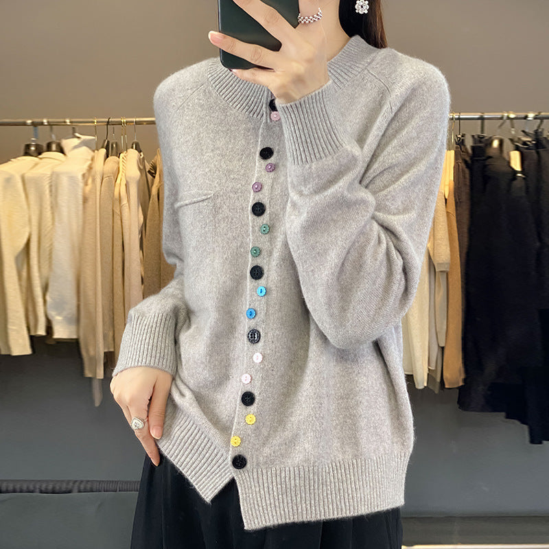 Women's Round Neck Knitted Cardigan With Color Buckle Inner Wear Blouse