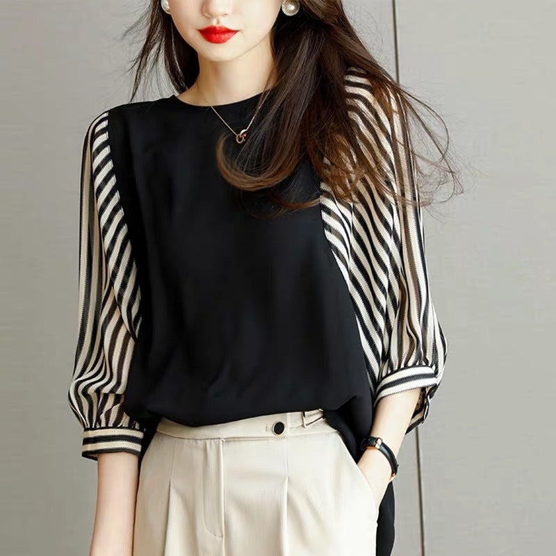 Women's Contrast Color Stitching Dolman Sleeve Chiffon Top