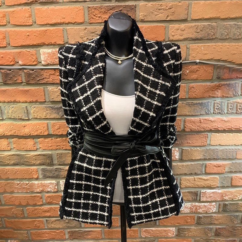 Fashion Small Fragrant Long-sleeved Tweed Plaid Small Suit Waist Woolen Coat Female Quilted