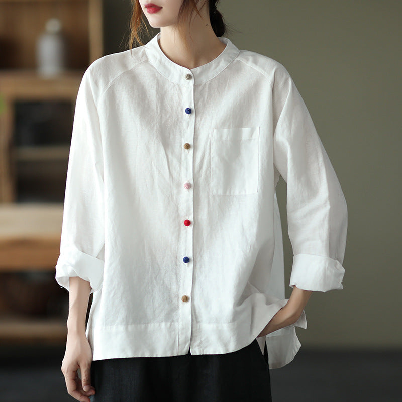 Retro Cotton And Linen Shirt Lady Literature Loose Lapel Long Sleeves Shirt