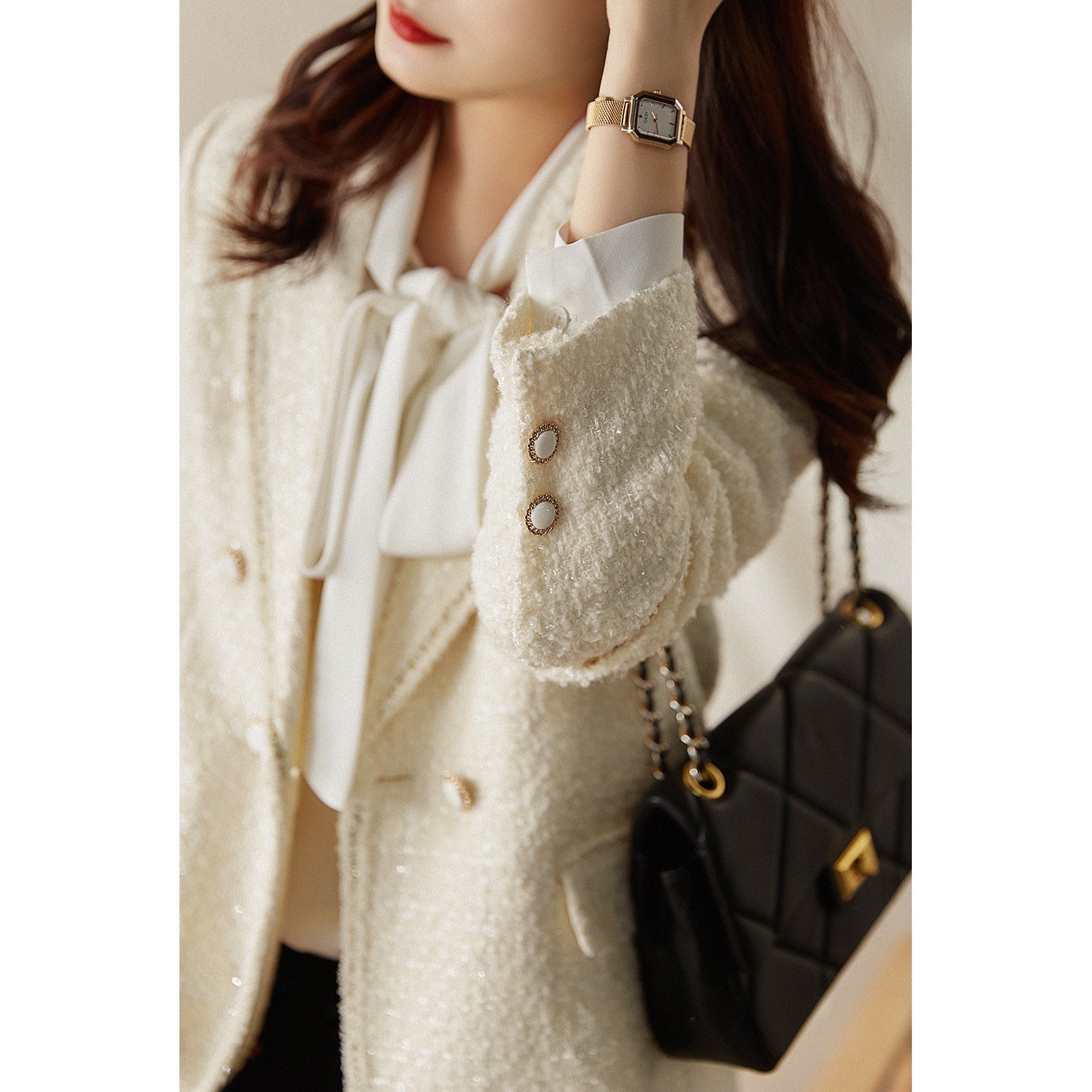 Women's Wool Solid Color Tweed Short Suit Jacket