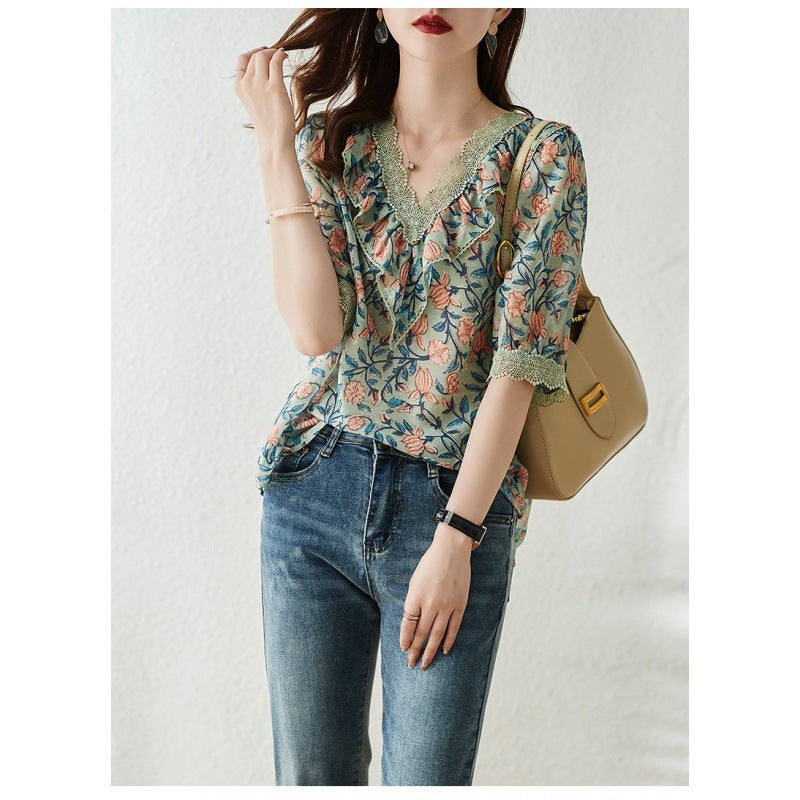 V-neck Floral Chiffon Shirt For Women