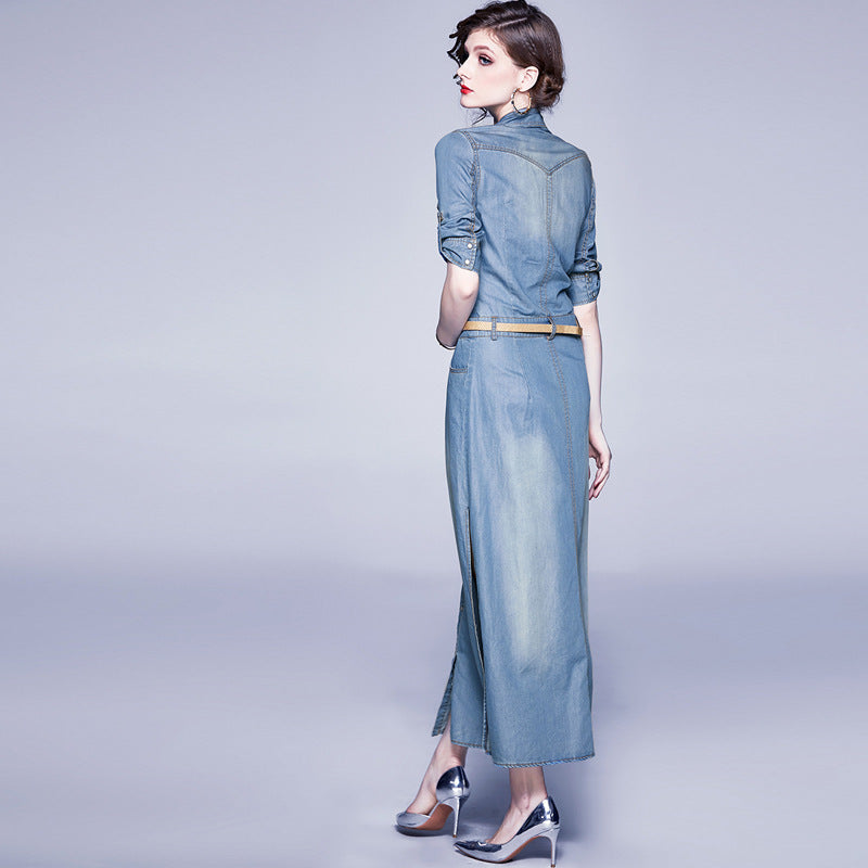 Fashionable Slim Slit Blue Tencel Denim Lapel Dress