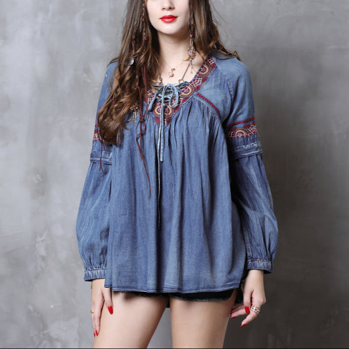 Lantern Sleeve Large Size Denim Shirt Retro Embroidery Strap Loose Long-sleeved Shirt Women
