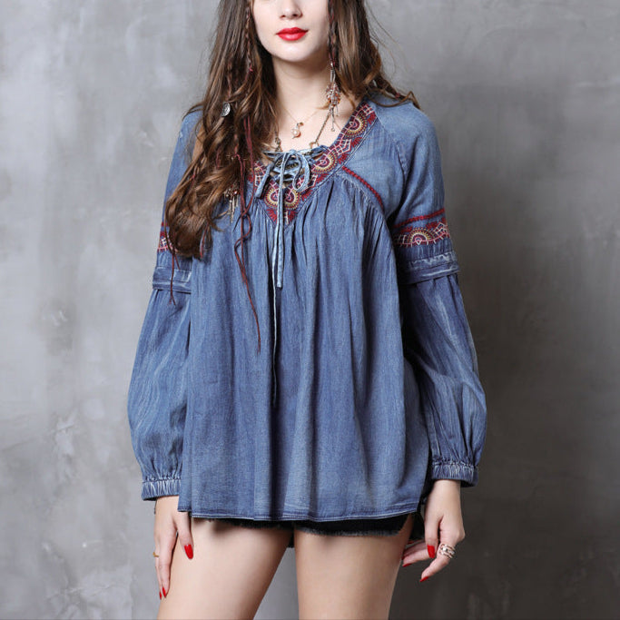 Lantern Sleeve Large Size Denim Shirt Retro Embroidery Strap Loose Long-sleeved Shirt Women