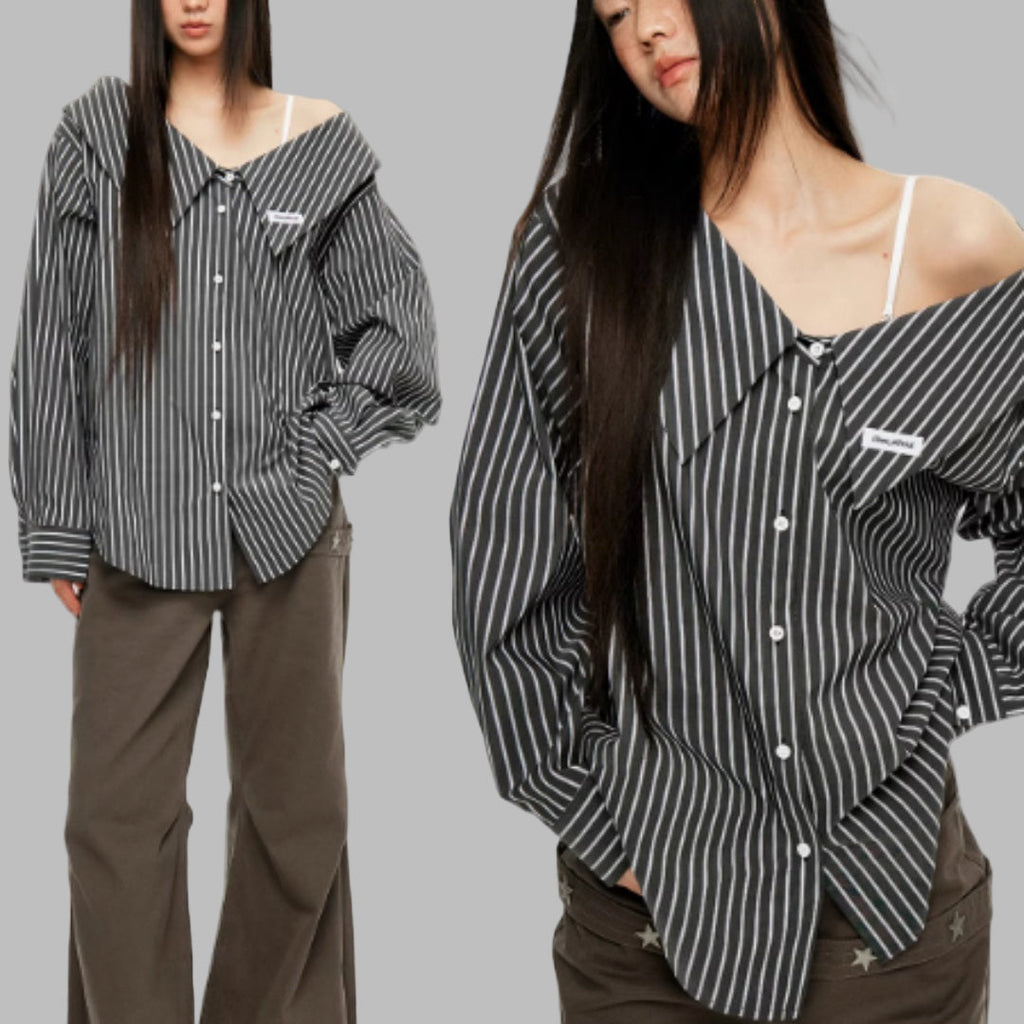 Detachable Splicing Vertical Striped Shirt For Women