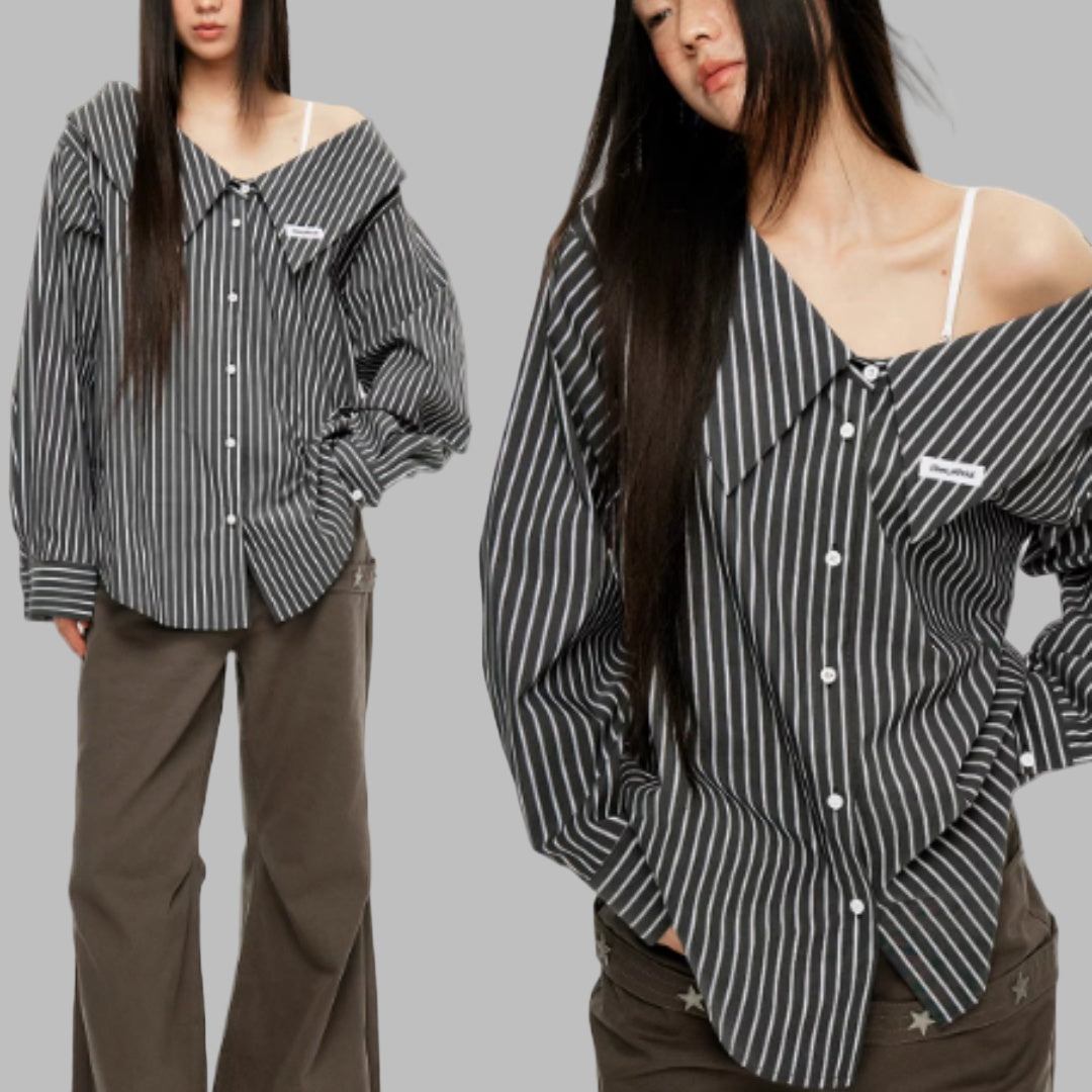 Detachable Splicing Vertical Striped Shirt For Women
