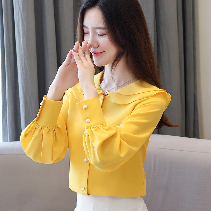 Doll Collar Solid Color Long-sleeved Chiffon Shirt